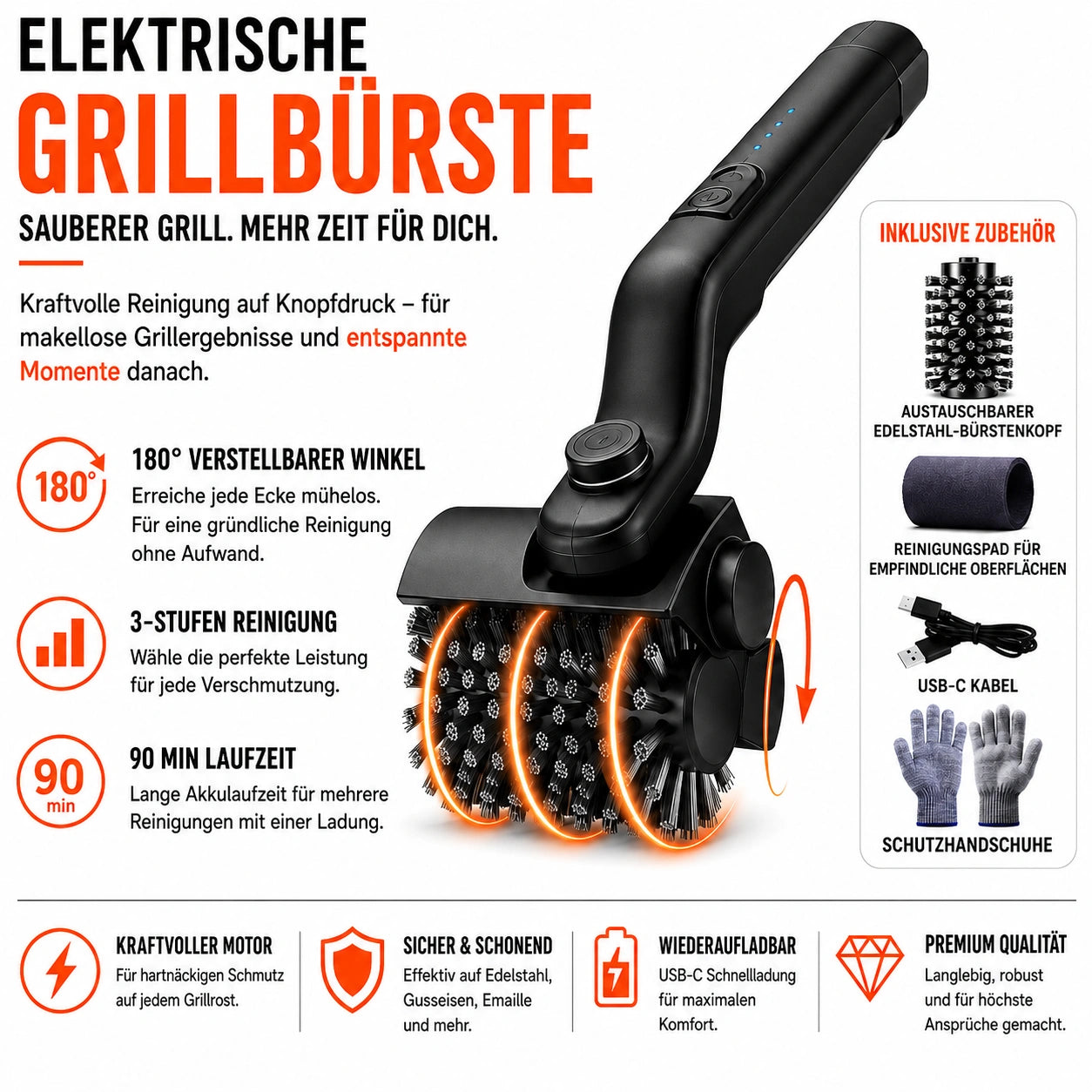 GrillRein® Premium 180° Akku Grillbürste